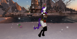 Size: 1920x986 | Tagged: safe, artist:bangayo, rarity, spike, anthro, unguligrade anthro, g4, 3d, christmas, clothes, costume, dancing, female, latex, second life, sexy, snow, solo, video in description