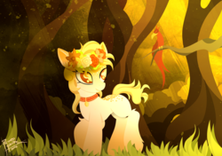 Size: 2000x1407 | Tagged: safe, artist:pedrohander, oc, oc only, oc:firefly, earth pony, pony, collar, forest, medallion, solo