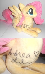 Size: 896x1442 | Tagged: safe, artist:sophie scruggs, fluttershy, g4, andrea libman, irl, photo, plushie, signature, solo