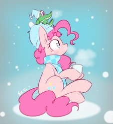 Size: 1979x2178 | Tagged: safe, artist:akainu_pony, gummy, pinkie pie, g4, clothes, cup, cute, diapinkes, duo, hat, profile, scarf, sitting, winter