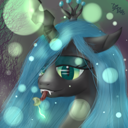 Size: 1600x1600 | Tagged: dead source, safe, artist:quefortia, queen chrysalis, changeling, changeling queen, g4, candy, crown, female, food, jewelry, licking, lollipop, regalia, solo, tongue out