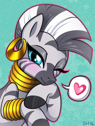 Size: 713x946 | Tagged: safe, artist:sorcerushorserus, zecora, zebra, bedroom eyes, blushing, bust, cute, ear piercing, earring, female, flirting, heart, jewelry, looking at you, one eye closed, pictogram, piercing, portrait, simple background, smiling, solo, wink, zecorable