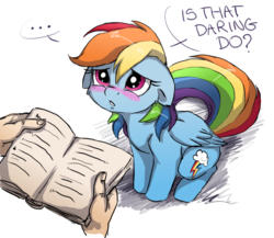 Size: 1500x1300 | Tagged: safe, artist:buttersprinkle, rainbow dash, human, pegasus, pony, ..., adorkable, blushing, book, buttersprinkle is trying to murder us, cute, daaaaaaaaaaaw, dashabetes, dialogue, disembodied hand, dork, egghead, egghead dash, female, floppy ears, fluffy, frown, hnnng, looking up, offscreen character, sad, simple background, sitting, sweet dreams fuel, talking, text, white background