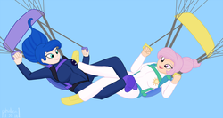 Size: 1200x640 | Tagged: safe, artist:phallen1, princess celestia, princess luna, human, g4, air ponyville, alternate hairstyle, clothes, cutie mark on clothes, formation, hair bun, humanized, jumpsuit, leg hold, parachute, parachuting, ponytail, skydiving