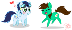 Size: 989x423 | Tagged: safe, artist:hufflepuffrave, soarin', oc, oc:pencil sketch, pony, g4, blushing, canon x oc, chibi, duo, heart, shipping, simple background, transparent background
