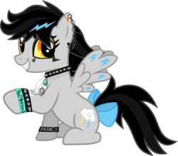 Size: 848x746 | Tagged: safe, artist:lightningbolt, oc, oc only, oc:lightning dee, pegasus, pony, 2017 community collab, derpibooru community collaboration, g4, .svg available, bow, bracelet, choker, ear piercing, earring, face paint, female, grin, hair over one eye, jewelry, looking at you, makeup, mare, minecraft, necklace, panic! at the disco, piercing, raised hoof, show accurate, simple background, sitting, smiling, solo, spiked wristband, spread wings, squee, svg, tail bow, transparent background, vector, wings, wristband