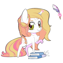 Size: 500x500 | Tagged: safe, artist:curiouskeys, oc, oc only, oc:crystal wishes, pony, unicorn, book, braid, chibi, female, gift art, horn, horn ring, magic, offspring, parent:jet set, parent:upper crust, parents:upperset, quill, ring, simple background, solo, transparent background