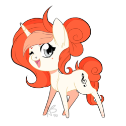 Size: 500x500 | Tagged: safe, artist:curiouskeys, oc, oc only, oc:spotted rhythm, pony, unicorn, chibi, freckles, gift art, ginger, music notes, nose piercing, open mouth, piercing, simple background, solo, transparent background