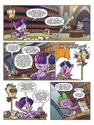 Size: 720x960 | Tagged: safe, artist:jay fosgitt, idw, official comic, owlowiscious, spike, twilight sparkle, alicorn, dragon, owl, pony, friends forever #35, g4, my little pony: friends forever, spoiler:comic, comic, library, twilight sparkle (alicorn)