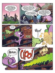 Size: 720x960 | Tagged: safe, artist:jay fosgitt, idw, official comic, owlowiscious, spike, starlight glimmer, twilight sparkle, alicorn, dragon, owl, pony, unicorn, g4, spoiler:comic, spoiler:comicff35, book, bookshelf, castle of the royal pony sisters, comic, dragonfire, female, fire, library, male, mare, sneezing, squirm-spore, twilight sparkle (alicorn)