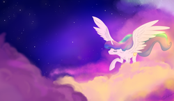 Size: 1024x595 | Tagged: safe, artist:rutkotka, princess celestia, g4, cloud, eyes closed, female, floppy ears, flying, missing accessory, morning, sky, smiling, solo, spread wings, stars