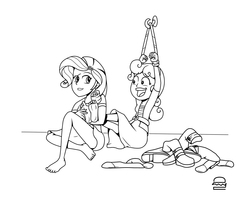 Size: 1000x800 | Tagged: safe, artist:coffeeburger, rarity, sweetie belle, equestria girls, g4, barefoot, black and white, bondage, boots, clothes, feet, female, fetish, foot fetish, grayscale, high heel boots, lineart, monochrome, simple background, socks, tickling, white background