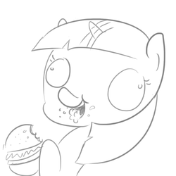 Size: 1080x1080 | Tagged: safe, artist:tjpones, twilight sparkle, g4, burger, derp, eating, female, food, grayscale, monochrome, open mouth, simple background, sketch, smiling, solo, twilight burgkle, white background