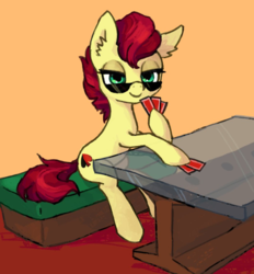 Size: 861x928 | Tagged: safe, artist:orchidpony, oc, oc only, oc:aces high, glass table, playing card, solo, sunglasses