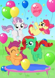 Size: 3917x5539 | Tagged: safe, artist:chimajra, apple bloom, scootaloo, sweetie belle, oc, pony, unicorn, g4, balloon, birthday, cutie mark crusaders, female, filly, trampoline