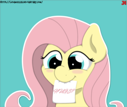 Size: 2430x2044 | Tagged: safe, artist:ljdamz1119, fluttershy, g4, blushing, cute, female, high res, hug request, mouth hold, note, redraw, shyabetes, solo