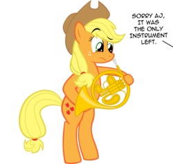 Size: 3183x3000 | Tagged: safe, artist:supermatt314, applejack, earth pony, pony, g4, bipedal, cowboy hat, female, french horn, hat, hoof hold, horn (musical instrument), musical instrument, simple background, solo, transparent background