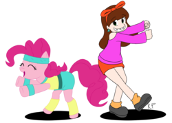 Size: 1000x714 | Tagged: safe, artist:kprovido, pinkie pie, crossover, dancing, double dipper, gravity falls, mabel pines, male, simple background, transparent background, workout outfit