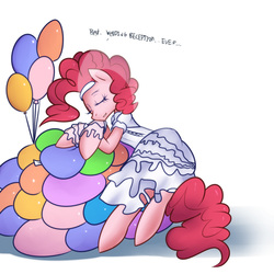Size: 900x900 | Tagged: dead source, safe, artist:slugbox, artist:solar-slash, pinkie pie, earth pony, pony, g4, balloon, balloon riding, clothes, dress, eyes closed, female, hilarious in hindsight, leaning, simple background, solo, that pony sure does love balloons, wedding dress