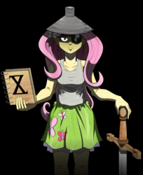 Size: 798x980 | Tagged: safe, artist:pedantczepialski, fluttershy, equestria girls, g4, alternate universe, book, equestria girls: the parody series, eyepatch, female, funnel, looking at you, solo, sword, weapon