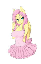 Size: 1100x1700 | Tagged: safe, artist:skecchiart, fluttershy, anthro, g4, adorasexy, ballerina, ballet, bedroom eyes, breasts, busty fluttershy, cleavage, clothes, cute, dress, female, flutterina, lidded eyes, looking at you, sexy, shyabetes, simple background, smiling, solo, tutu, white background