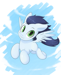 Size: 1100x1349 | Tagged: safe, artist:skecchiart, soarin', pegasus, pony, g4, colt, cute, feathered wings, flying, looking at you, male, sky, smiling, solo, spread wings, wings