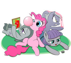 Size: 2481x2196 | Tagged: safe, artist:doublewbrothers, big macintosh, boulder (g4), limestone pie, marble pie, maud pie, pinkie pie, earth pony, pony, g4, bubblegum, commissioner:puffydearlysmith, eeyup, female, food, gum, heart, high res, male, picture, pie sisters, pony pile, ship:marblemac, shipping, siblings, simple background, sisters, stallion, straight, transparent background, wavy mouth
