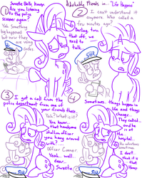Size: 1280x1611 | Tagged: safe, artist:adorkabletwilightandfriends, rarity, sweetie belle, oc, oc:officer connor, pony, unicorn, comic:adorkable twilight and friends, g4, adorkable friends, comic, crying, cute, feels, hat, hug, innocent, lineart, nostril flare, peaked cap, police, ponyville police, sad, simple background, slice of life