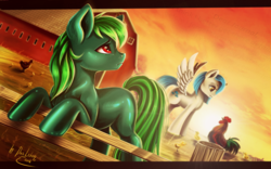 Size: 1280x800 | Tagged: safe, artist:das_leben, oc, oc only, oc:cloudy skies (pap), oc:lonely day, chicken, earth pony, pegasus, pony, fanfic:the last pony on earth, ponies after people, adult blank flank, barn, blank flank, crying, cutie mark, farm, female, fence, hooves, mare, sunset, wings