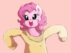 Size: 550x412 | Tagged: safe, artist:buttersprinkle, artist:szafir87, pinkie pie, pony, g4, animated, buttersprinkle is trying to murder us, clothes, cute, daaaaaaaaaaaw, dialogue, diapinkes, female, gif, hnnng, looking at you, mare, open mouth, oversized clothes, pink background, simple background, solo, sweater, szafir87 is trying to murder us