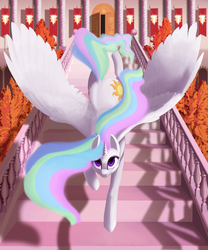 Size: 4321x5200 | Tagged: safe, artist:lunebat, princess celestia, g4, absurd resolution, banner, both cutie marks, butt, castle, commission, door, female, flag, jumping, looking at you, morning, plot, solo, spread wings, staircase, stairs, tree, wings