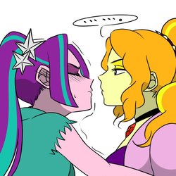 Size: 1000x1000 | Tagged: safe, artist:raika0306, adagio dazzle, aria blaze, equestria girls, g4, ..., blushing, colored, female, gem, imminent kissing, kissing, lesbian, ship:adaria, shipping, simple background, siren gem, tsundaria