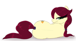 Size: 1399x767 | Tagged: safe, artist:prettypinkpony, oc, oc only, oc:short shift, pony, back, butt, draw me like one of your french girls, female, hairband, lidded eyes, long eyelashes, looking at you, lying down, on side, plot, ponytail, solo, tail wrap