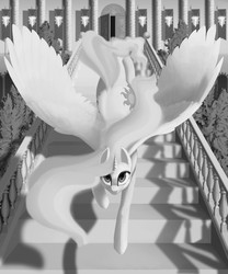 Size: 4321x5200 | Tagged: safe, alternate version, artist:lunebat, princess celestia, g4, absurd resolution, banner, black and white, both cutie marks, butt, castle, commission, door, female, flag, grayscale, horn, jumping, monochrome, morning, plot, solo, staircase, stairs, tree, wings