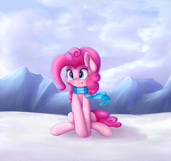 Size: 2000x1888 | Tagged: safe, artist:vanillaghosties, pinkie pie, earth pony, pony, g4, arctic, cheek fluff, clothes, cloud, cold, cute, diapinkes, ear fluff, female, mare, mountain, open mouth, outdoors, scarf, sky, smiling, snow, solo, winter