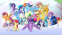 Size: 1920x1080 | Tagged: safe, artist:vanillaghosties, apple bloom, applejack, coco pommel, coloratura, dj pon-3, fluttershy, maud pie, moondancer, octavia melody, pinkie pie, princess cadance, princess celestia, princess luna, rainbow dash, rarity, scootaloo, spike, spitfire, starlight glimmer, sunset shimmer, sweetie belle, trixie, twilight sparkle, vinyl scratch, alicorn, dragon, earth pony, pegasus, pony, unicorn, g4, counterparts, cute, cutie mark crusaders, female, filly, group, male, mane seven, mane six, mare, royal sisters, scootaloo can fly, snow, the cmc's cutie marks, trixie's hat, twilight sparkle (alicorn), twilight's counterparts, wall of tags, wallpaper