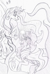 Size: 1527x2244 | Tagged: safe, artist:rossmaniteanzu, king sombra, princess celestia, g4, fight, redraw, traditional art