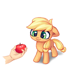 Size: 2171x2273 | Tagged: safe, artist:inowiseei, part of a set, applejack, human, g4, apple, cute, female, filly, floppy ears, food, heart eyes, high res, jackabetes, offscreen character, offscreen human, simple background, solo, that pony sure does love apples, white background, wingding eyes, younger