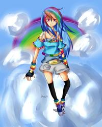 Size: 600x749 | Tagged: safe, artist:elssuh, rainbow dash, human, g4, female, humanized, rainbow, solo, winged shoes