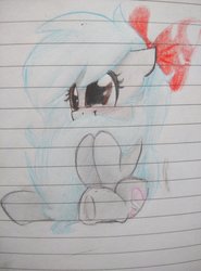 Size: 3120x4208 | Tagged: safe, artist:elisdoominika, oc, oc only, oc:sweet elis, earth pony, pony, bow, cute, floppy ears, hair bow, lined paper, pencil, pencil drawing, solo, traditional art