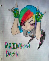 Size: 422x531 | Tagged: safe, artist:bloodyslices, rainbow dash, human, g4, clothes, devil horn (gesture), female, fingerless gloves, gloves, humanized, lined paper, pose, solo, traditional art