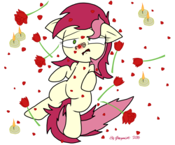 Size: 8460x7037 | Tagged: safe, artist:graymist, roseluck, earth pony, pony, g4, absurd resolution, background pony, candle, cute, derp, female, flower, lying down, mare, nostril flare, nostrils, on back, pre sneeze, red nosed, relaxation, rose, simple background, sneezing, sniffling, solo, transparent background