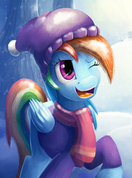 Size: 783x1050 | Tagged: dead source, safe, artist:camyllea, rainbow dash, pegasus, pony, g4, beanie, clothes, female, hat, one eye closed, open mouth, raised hoof, snow, solo, tree trunk, wink, winter outfit