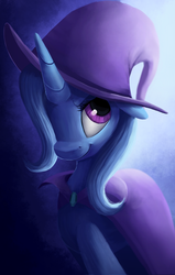 Size: 955x1500 | Tagged: dead source, safe, artist:camyllea, trixie, pony, unicorn, g4, clothes, female, hair over one eye, mare, smiling, solo, trixie's cape, trixie's hat