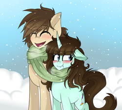 Size: 2053x1853 | Tagged: safe, artist:tokyone-chan, oc, oc only, pony, unicorn, blushing, clothes, duo, male, oc x oc, open mouth, scarf, scrunchy face, shared clothing, shared scarf, shipping, snow, straight