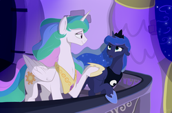 Size: 1024x671 | Tagged: safe, artist:rutkotka, princess celestia, princess luna, alicorn, pony, g4, balcony, duo, fanfic, fanfic art, female, mare, royal sisters