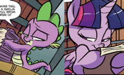 Size: 845x515 | Tagged: safe, artist:jay fosgitt, idw, official comic, spike, twilight sparkle, alicorn, dragon, pony, friends forever #35, g4, my little pony: friends forever, spoiler:comic, comic, cropped, faic, female, lidded eyes, mare, out of context, twilight sparkle (alicorn)