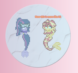 Size: 504x476 | Tagged: safe, artist:verve, sci-twi, sunset shimmer, twilight sparkle, genie, mermaid, ain't never had friends like us, equestria girls, g4, ask, mermaidized, not fiery shimmer, pixel art, scuba gear, sphere, transformation, tumblr, water