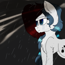 Size: 2000x2000 | Tagged: safe, artist:brokensilence, oc, oc only, oc:mira songheart, pony, crying, high res, ponysona, rain, sad, solo