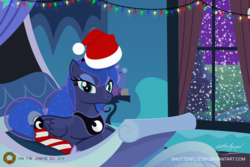 Size: 2913x1942 | Tagged: safe, artist:shutterflyeqd, princess luna, pony, g4, bed, christmas lights, clothes, female, hat, looking at you, luna's room, santa hat, snow, snowfall, socks, solo, striped socks